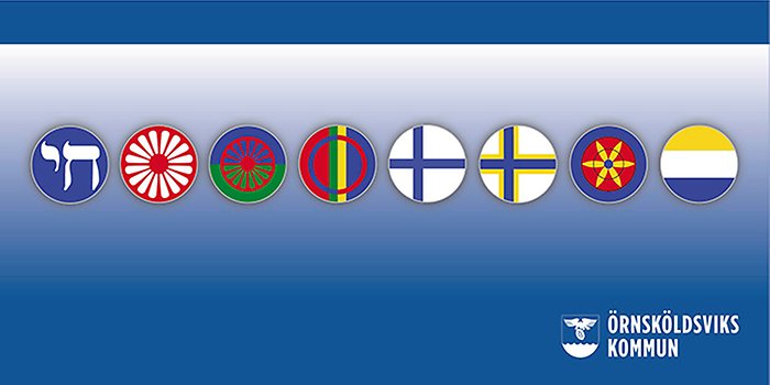 Bård med rundad symboler för  Sveriges nationella minoriteter och dess varieteter